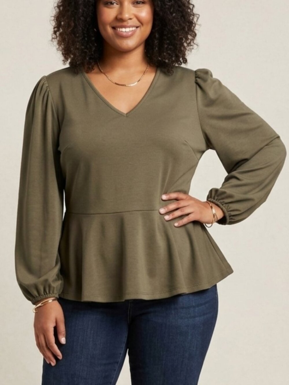 Ashley Stewart Olive V‑Neck Peplum Blouse with Puff Sleeves Plus Size 22/24